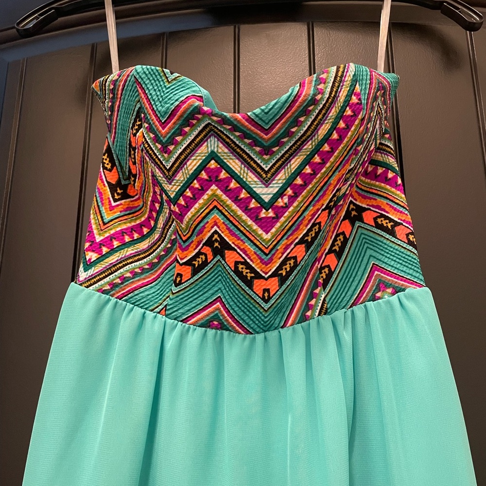 Strapless green Aztec printed boutique maxi dress, size medium